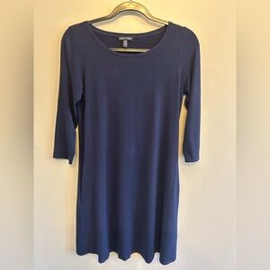 Eileen Fisher 3/4 Sleeve Jersey Dress Navy Blue side pockets size S